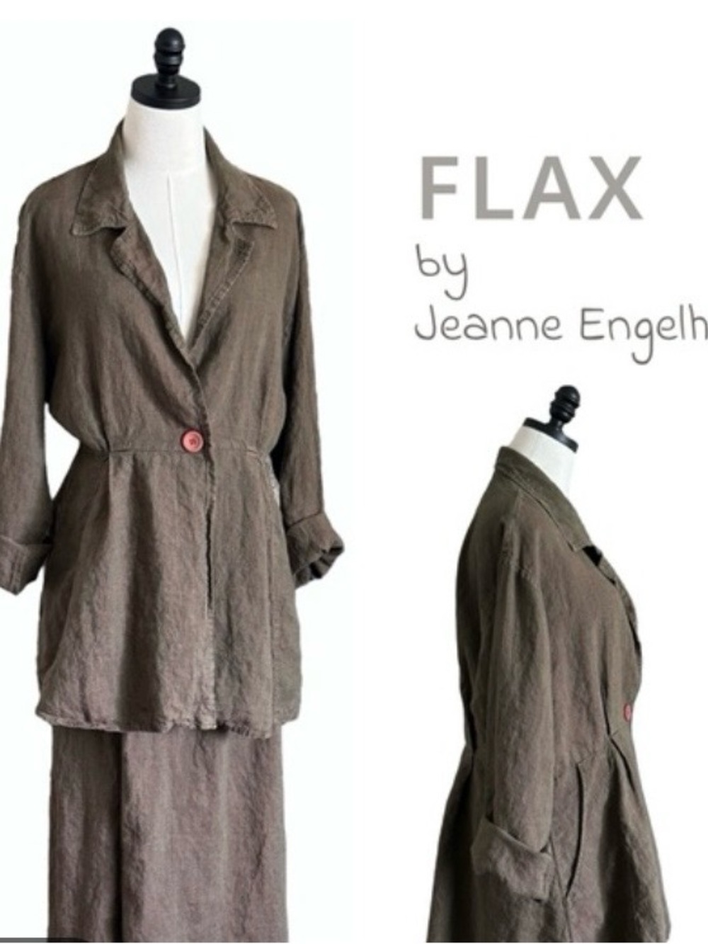 Rare Flax by Jeanne Englehart Vintage Lagen Look Pine Green 100% Linen Jacket 50